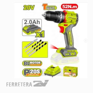 TALADRO PERCUTOR 2000rpm 20v BL 52Nm (cargador y bat.) DYLLU*