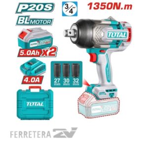 Llave de impacto 20V BL 1350Nm INDUSTRIAL (Maletin Carg. y 2 Bat.5Ah) TOTAL*