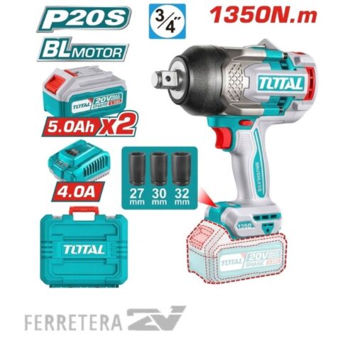 Llave de impacto 20V BL 1350Nm INDUSTRIAL (Maletin Carg. y 2 Bat.5Ah) TOTAL*